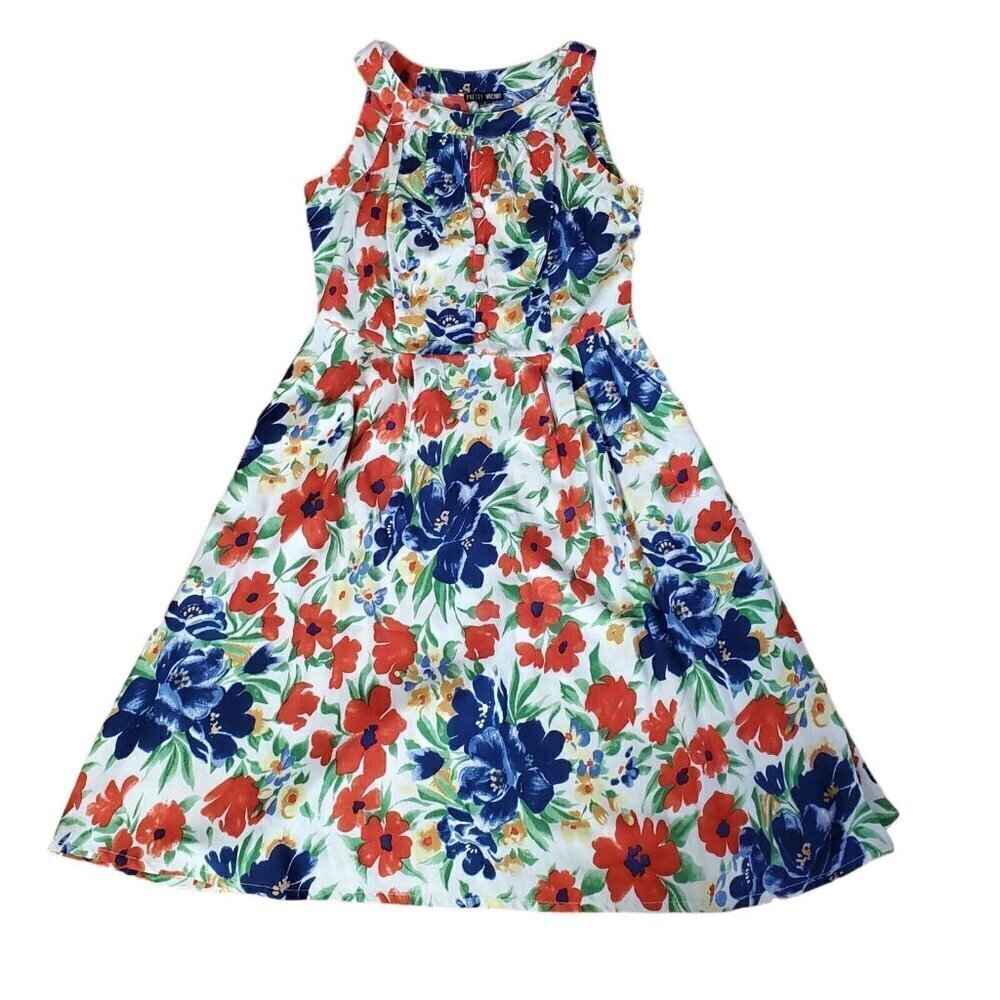 Pretty Vacant Floral Dress A-line Womens Medium White Red Cottagecore Sleeveless